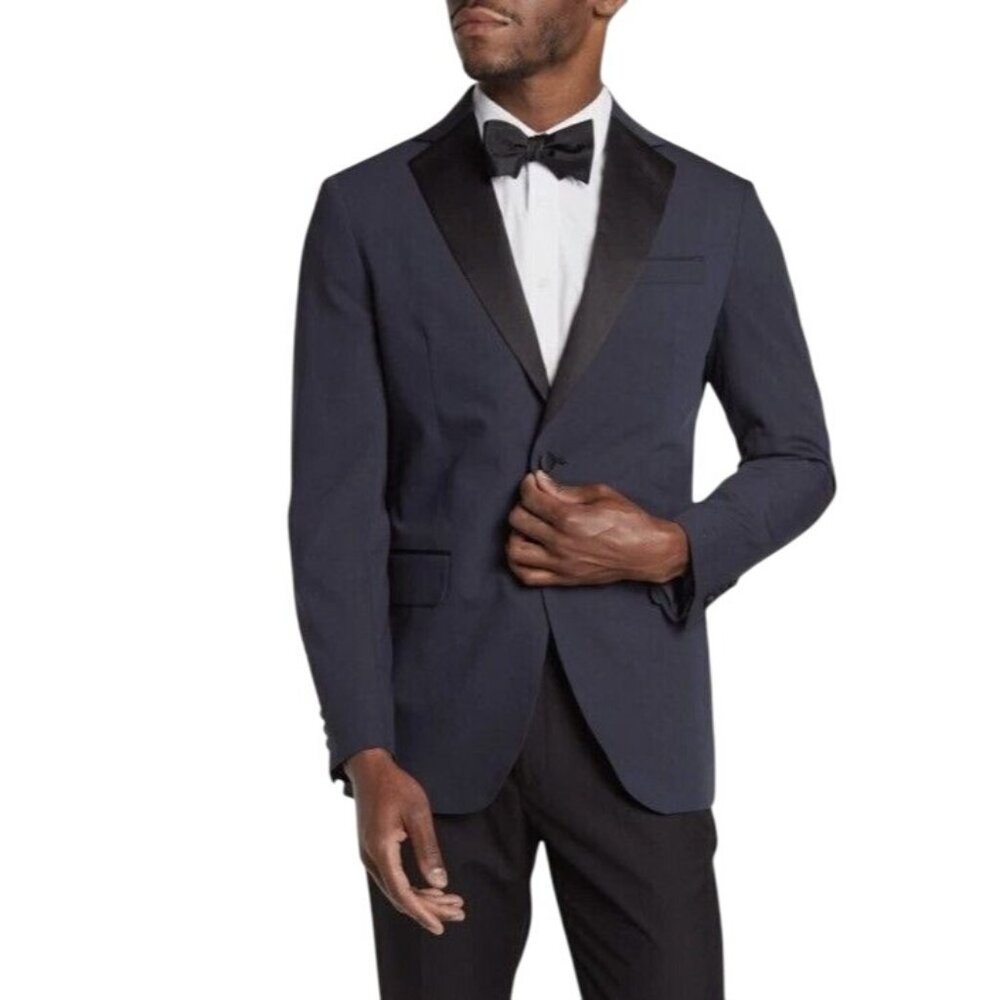 Mens Navy Blue Trim Fit Tuxedo Jacket Black Satin Shawl Lapel 40R Nordstrom Rack